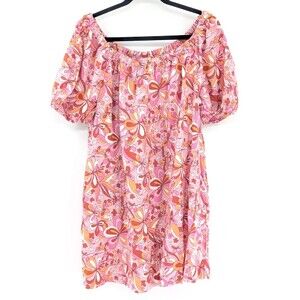 a.n.a  Mod Floral Pink Orange Linen Blend Puff Sleeve Flowy Mini Dress Size L